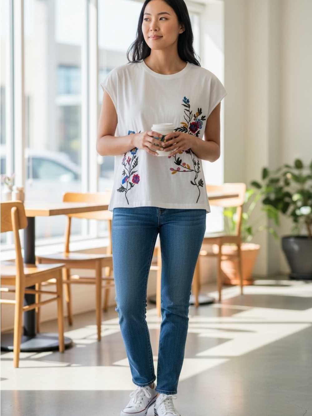fig and flower White Short Sleeve Tee with Multicolor Floral Embroidery